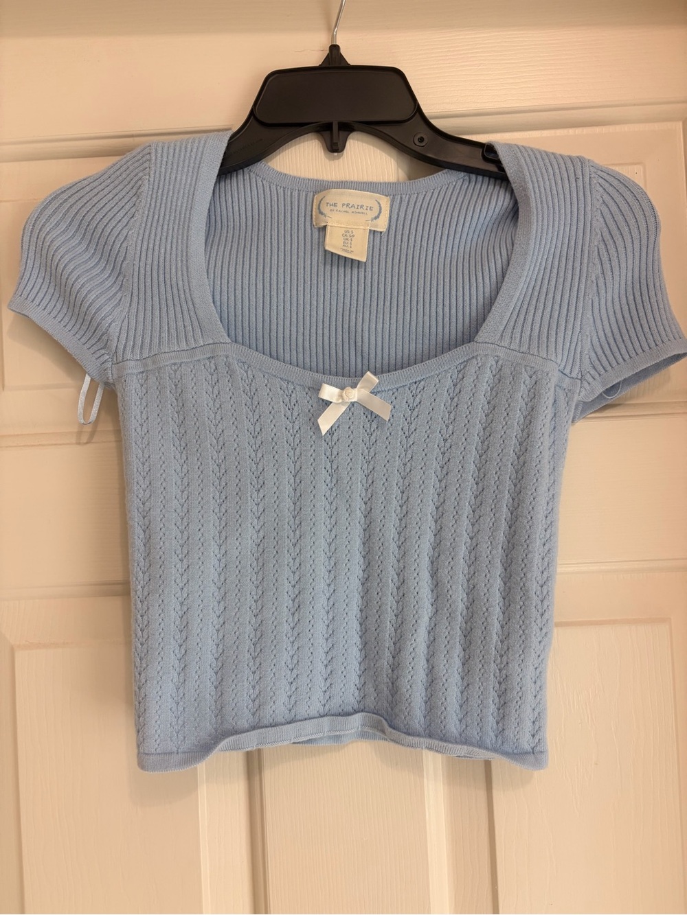 Light Blue Ribbed Knit Crop Top with Bow